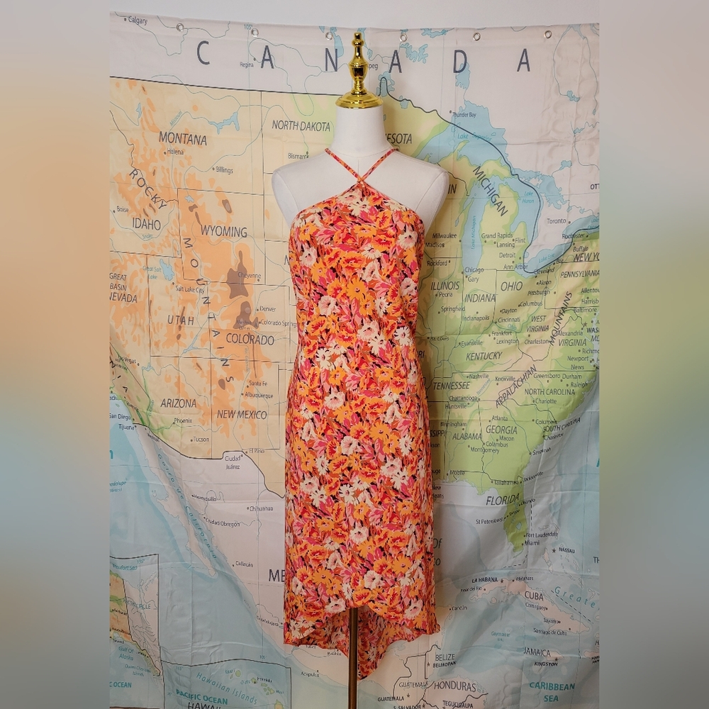 Express Orange & Pink Floral Halter Neck Dress Size 7/8